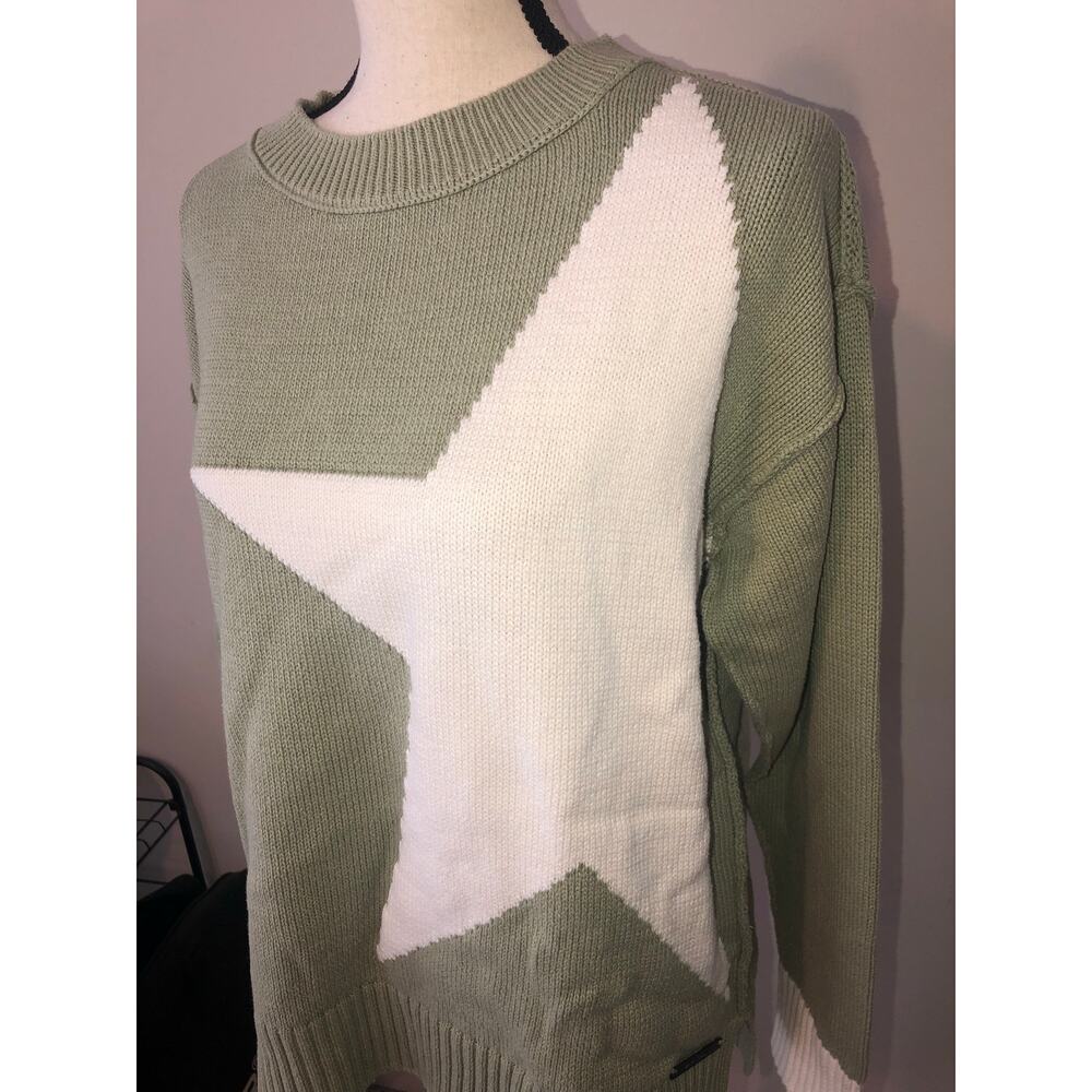 Peace Love World Star Sweater Size M Green Cream Cotton Blend Long Sleeve Slits - Picture 4 of 9